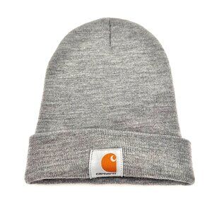 Carhartt Mens Gray Acrylic Knit Cuffed Beanie Hat Ski Cap Logo Patch